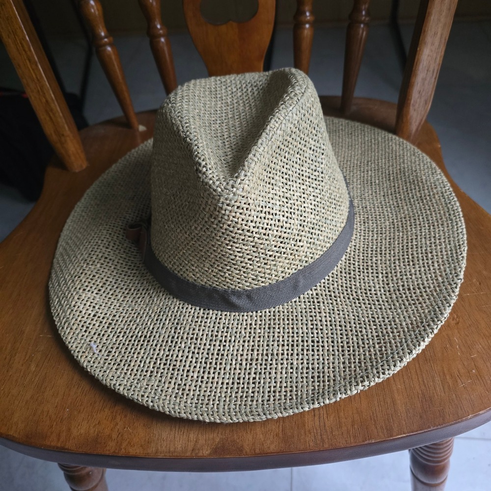 Woven Paper Straw Wide Brim Sun Hat‎ Fedora with Buckle Accent Tan Grey One Size